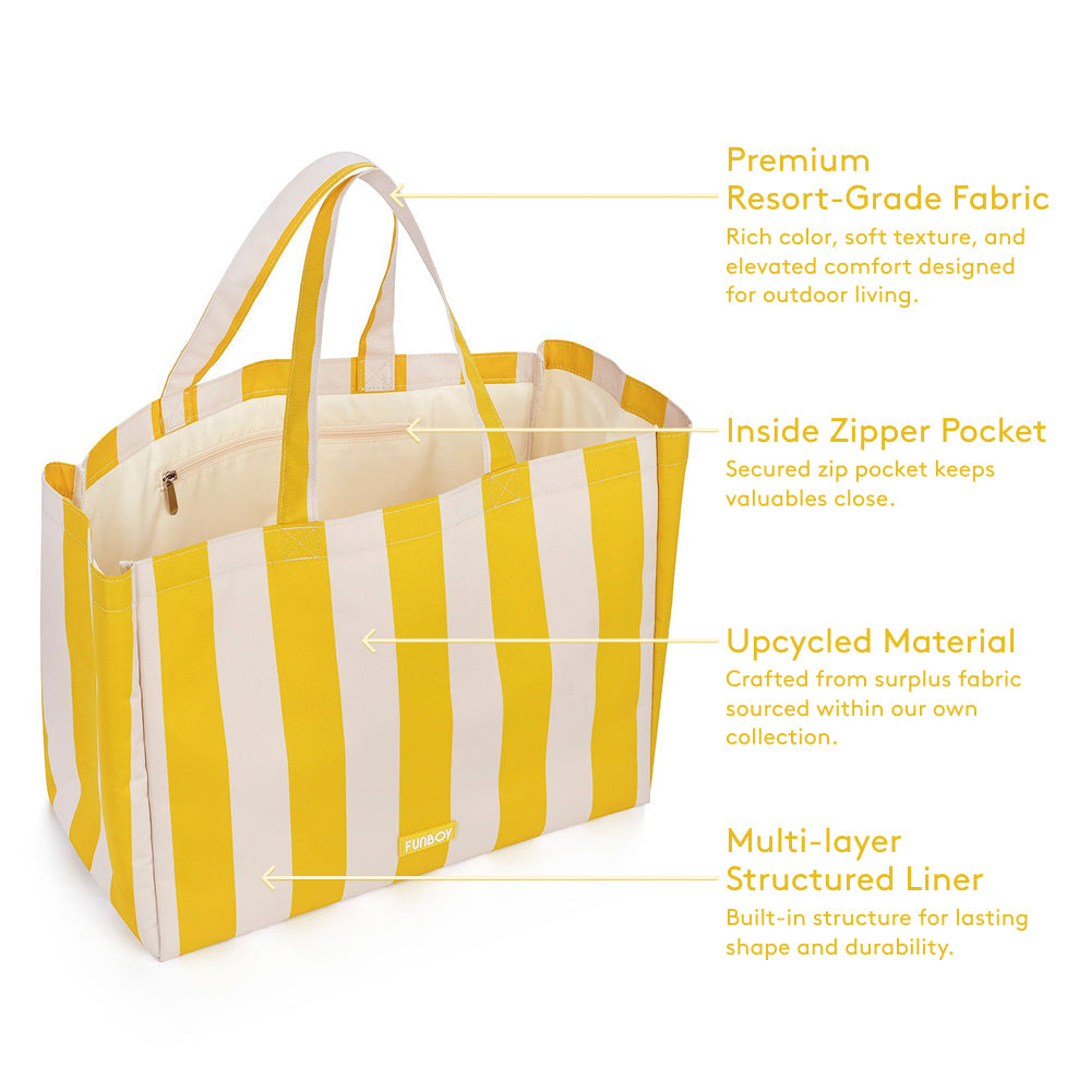 Beach Bag Tote, Yellow Cabana Stripe - FUNBOY