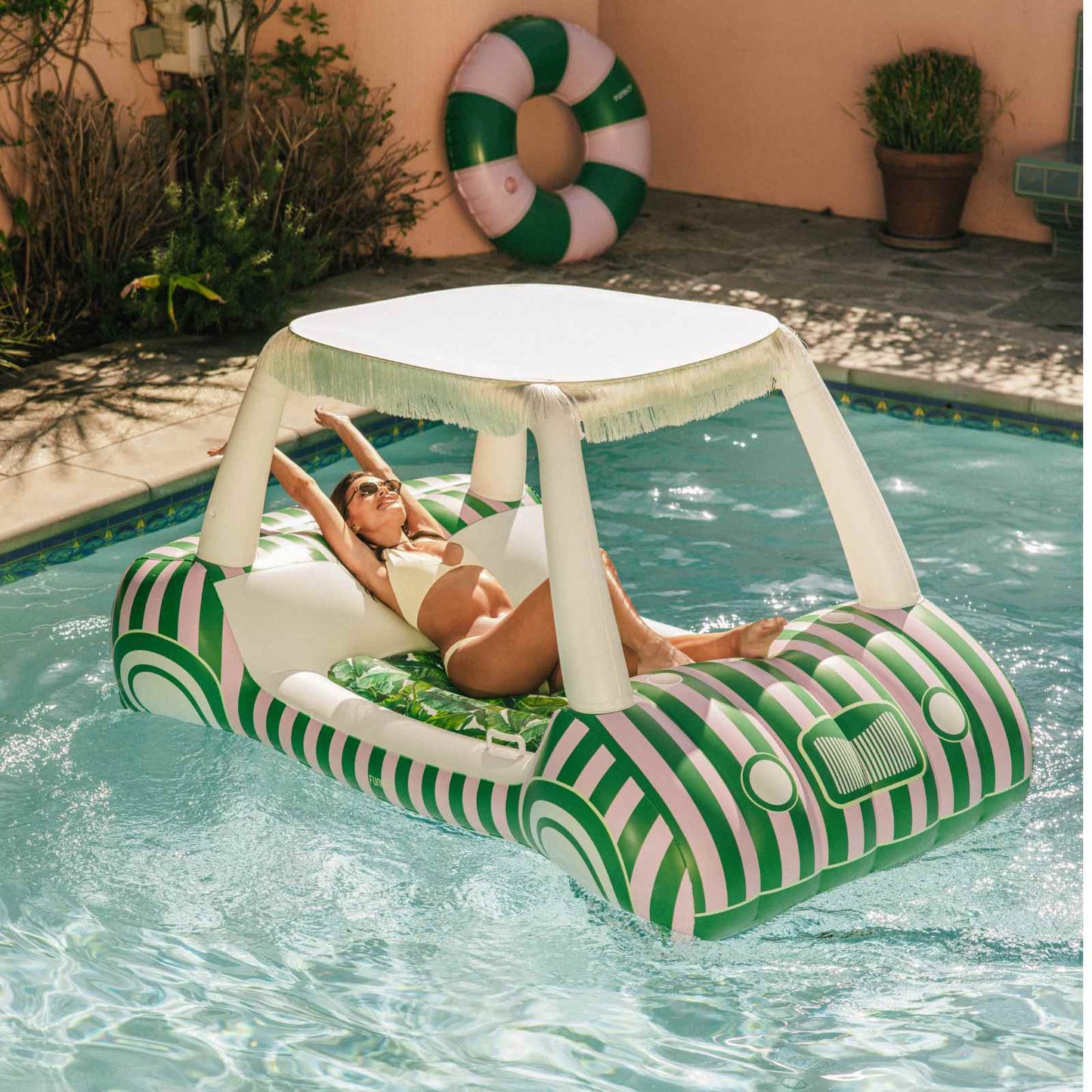 Green & Pink Palm Cabana Golf Cart Pool Float, Removable Shade - FUNBOY
