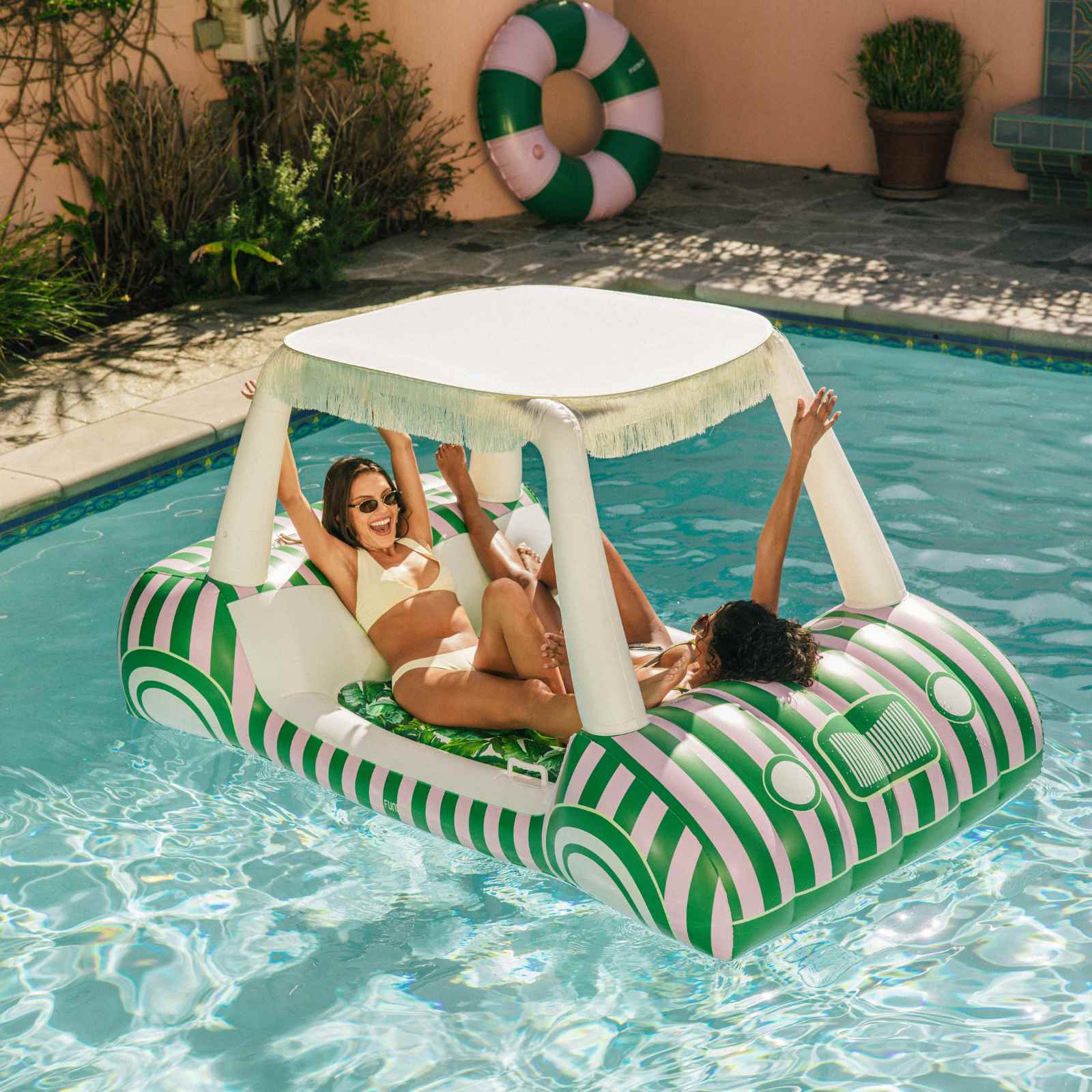 Green & Pink Palm Cabana Golf Cart Pool Float, Removable Shade - FUNBOY
