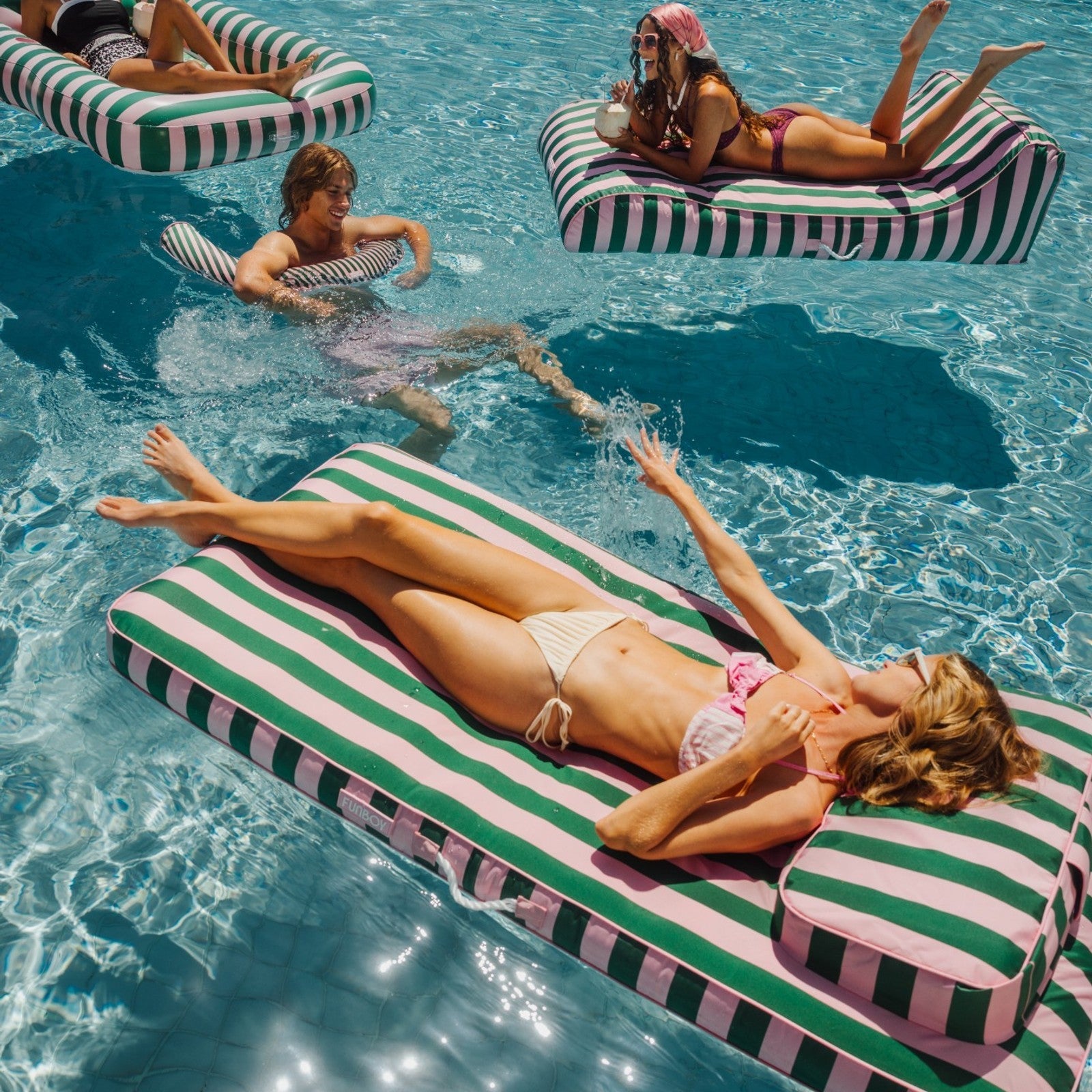 Fabric Covered Flat Lounger Pool Float - Pink & Green - FUNBOY