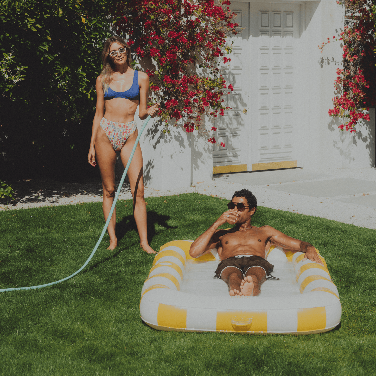 Tanning Pool Lounger: Yellow & White Stripes - FUNBOY