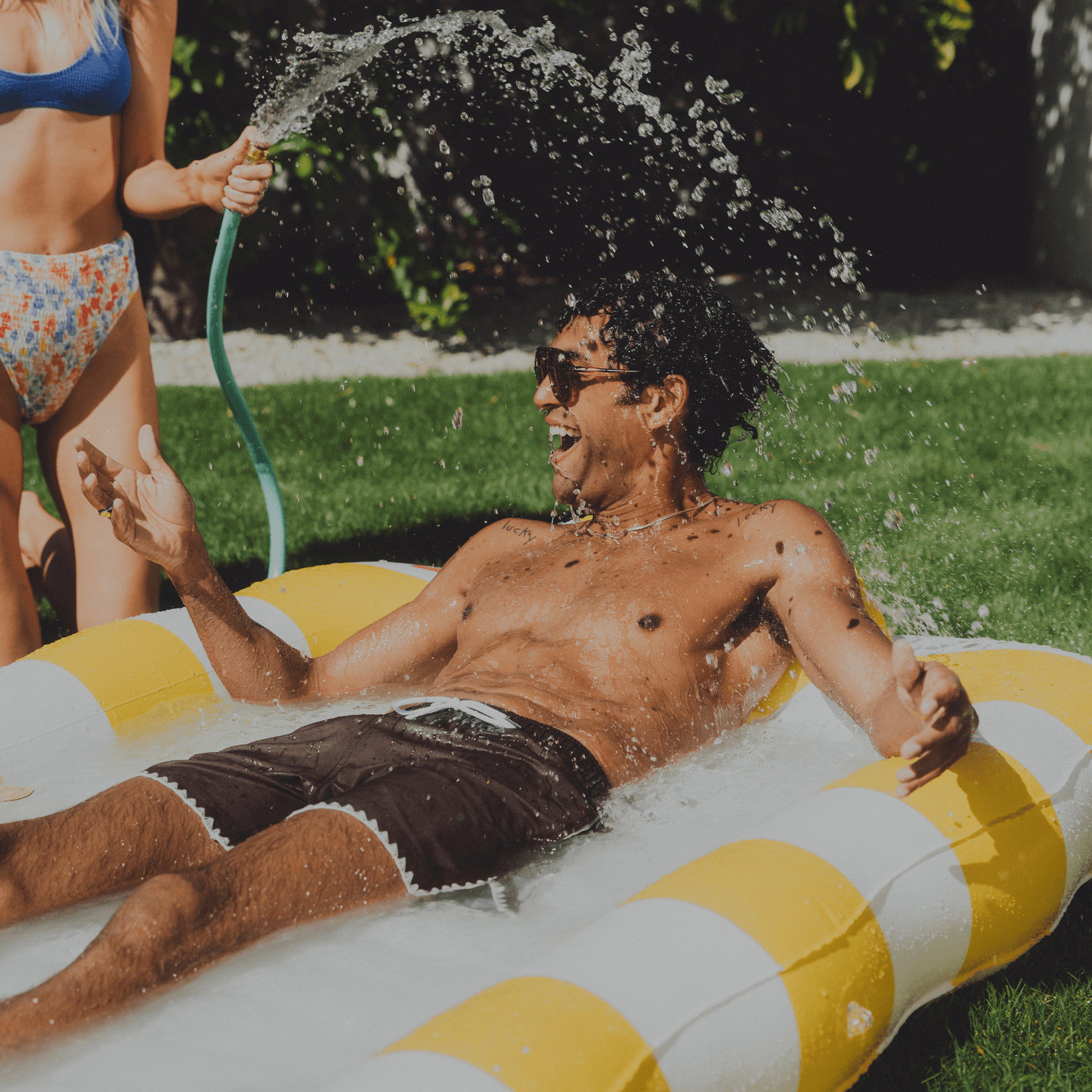 Tanning Pool Lounger: Yellow & White Stripes - FUNBOY