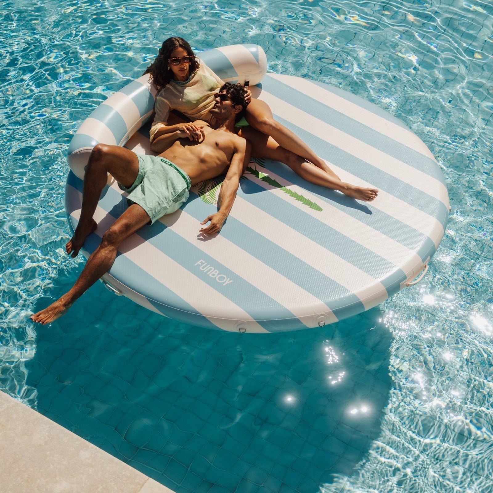 Inflatable Floating Dock: White, Blue Stripes Palm - FUNBOY