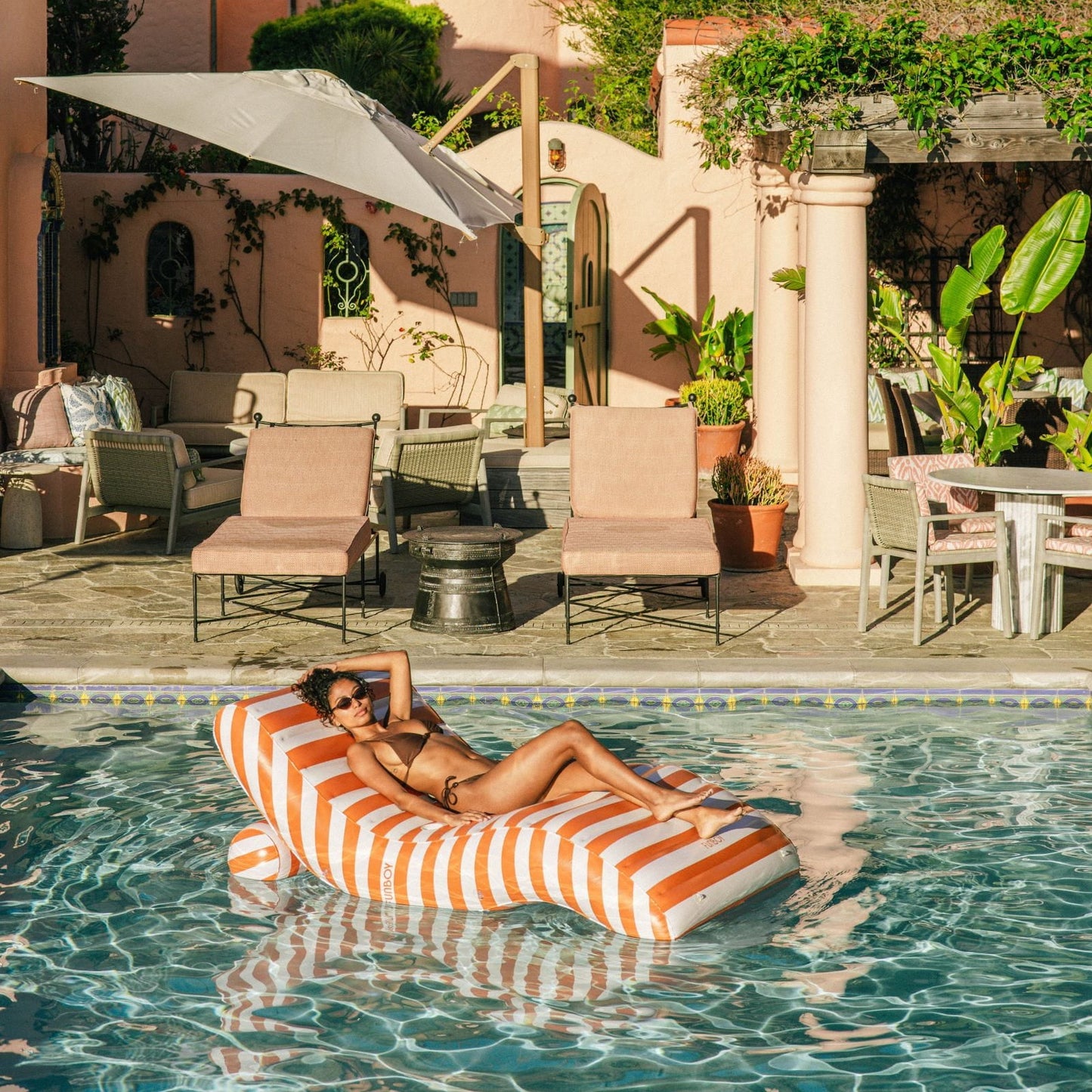 Orange Striped Chaise Lounger Pool Float - FUNBOY