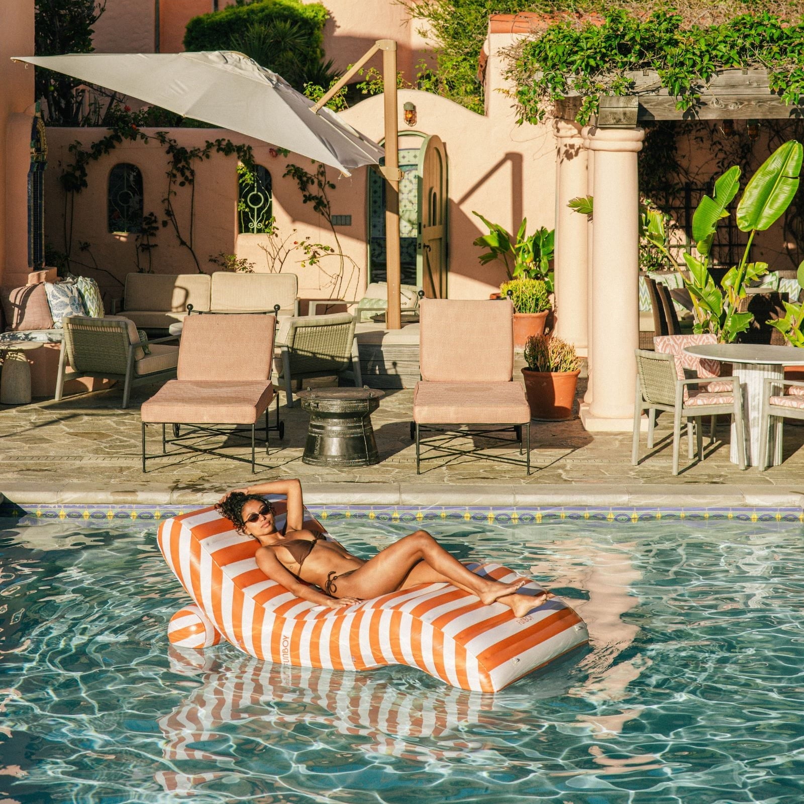 Orange Striped Chaise Lounger Pool Float - FUNBOY