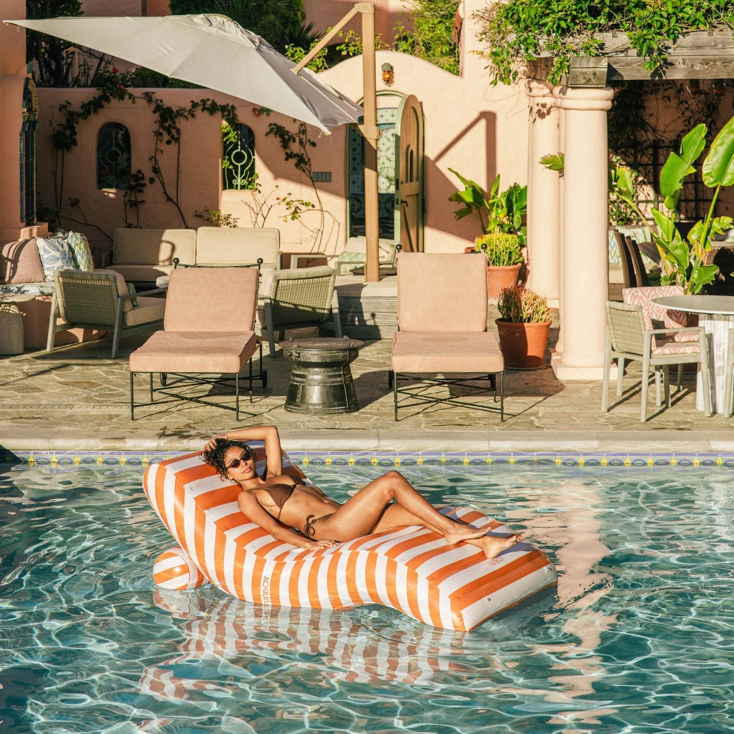 Orange Striped Chaise Lounger Pool Float - FUNBOY
