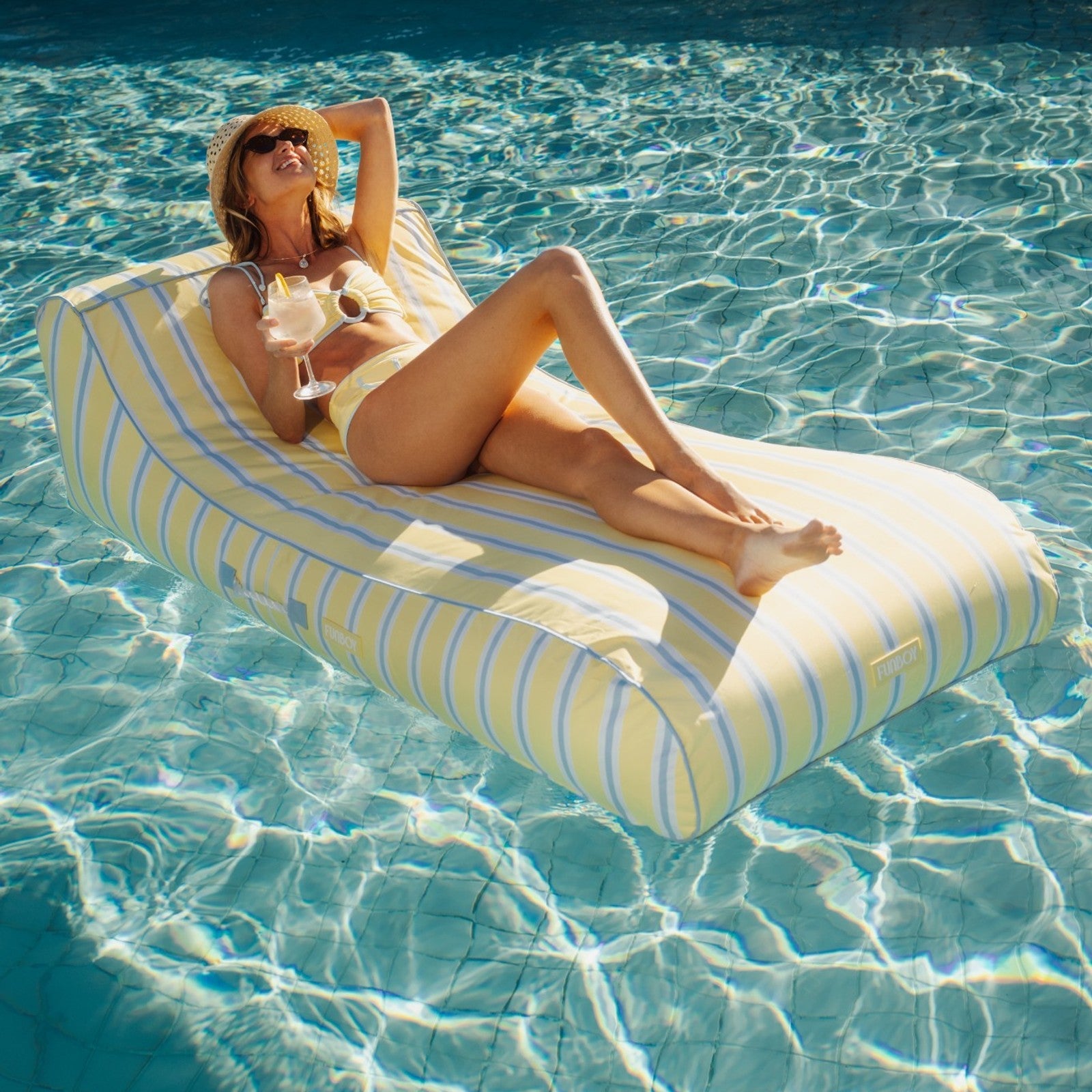 Fabric Covered Pool Float - Yellow, Blue & White Striped Sunbed Lounger - FUNBOY