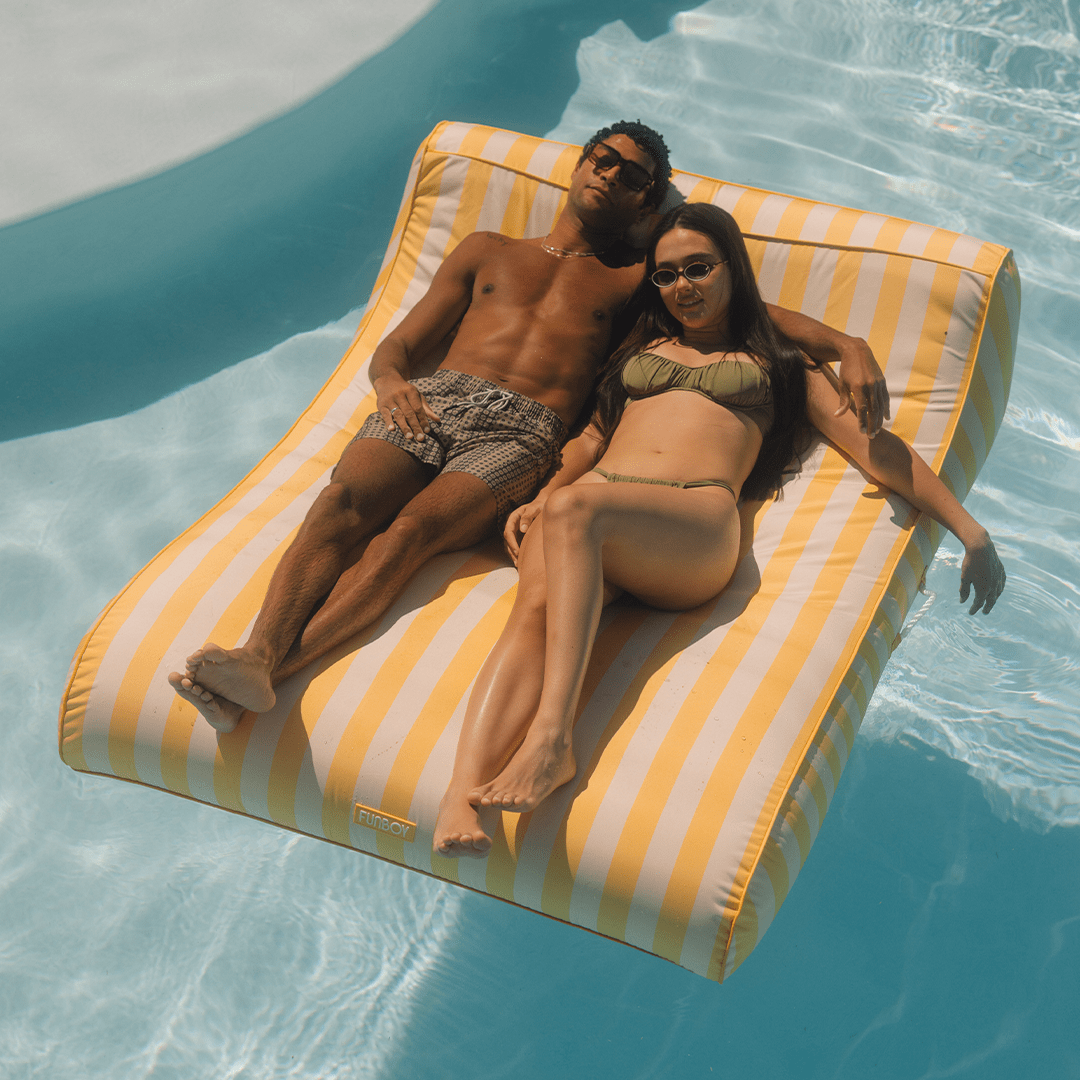 XL Fabric Covered Pool Float Sunbed Lounger - Yellow Cabana Stripes - FUNBOY