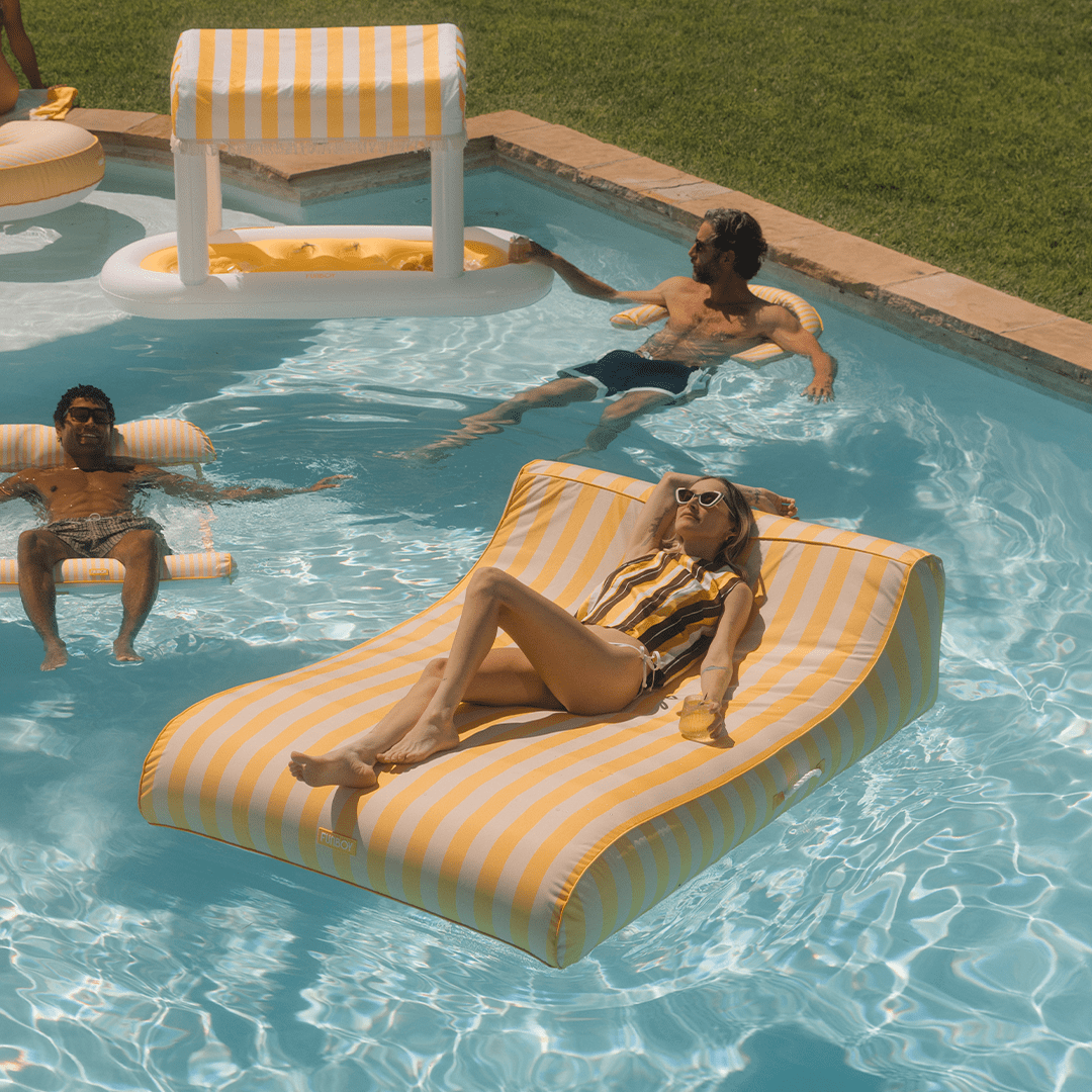 XL Fabric Covered Pool Float Sunbed Lounger - Yellow Cabana Stripes - FUNBOY