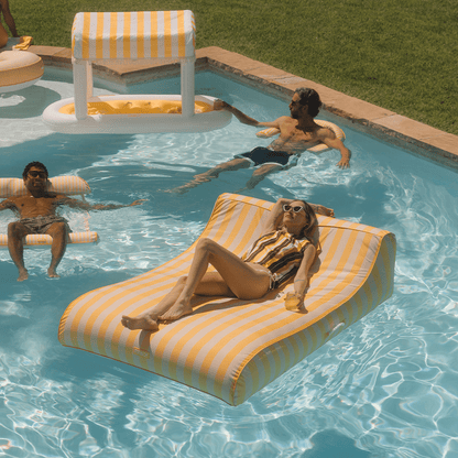 XL Fabric Covered Pool Float Sunbed Lounger - Yellow Cabana Stripes - FUNBOY