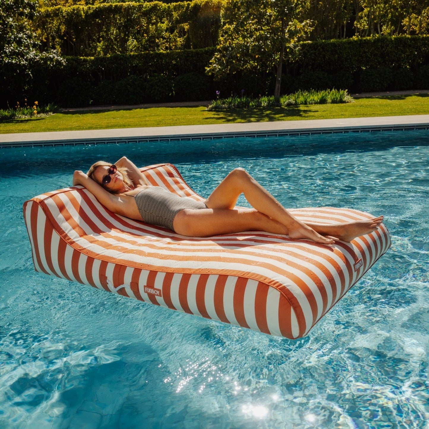 XL Fabric Covered Pool Float Sunbed Lounger - Orange Cabana Stripes - FUNBOY