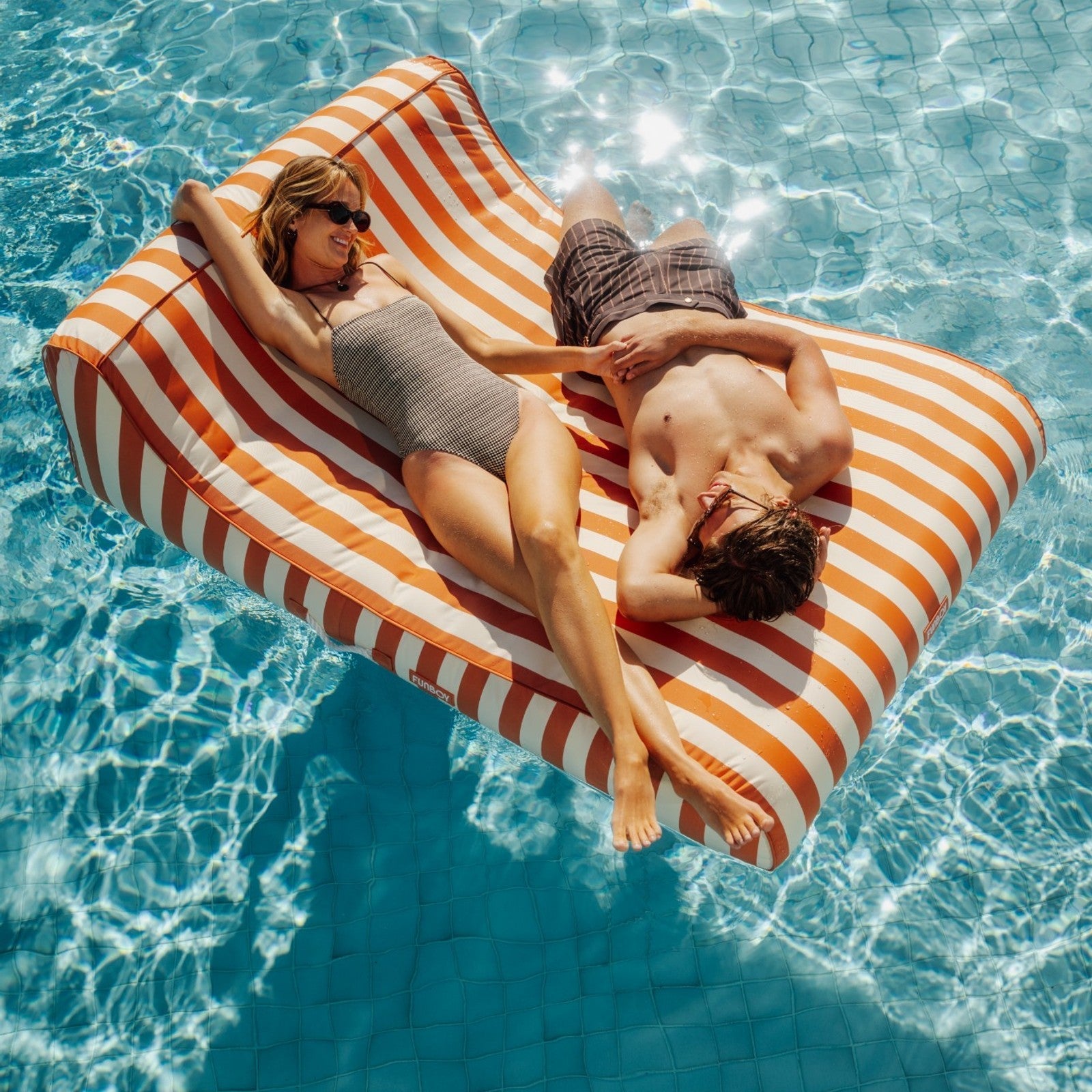 XL Fabric Covered Pool Float Sunbed Lounger - Orange Cabana Stripes - FUNBOY