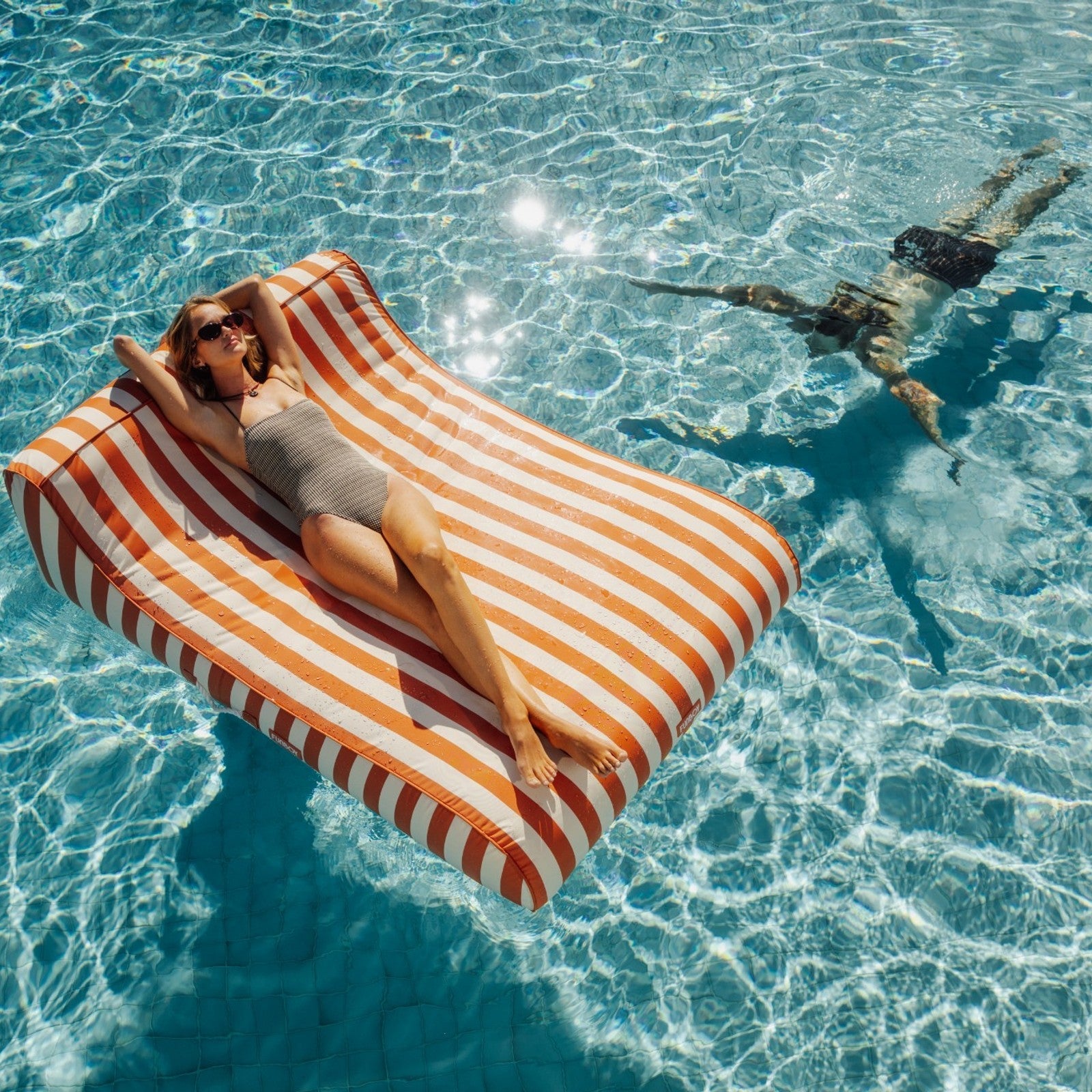 XL Fabric Covered Pool Float Sunbed Lounger - Orange Cabana Stripes - FUNBOY