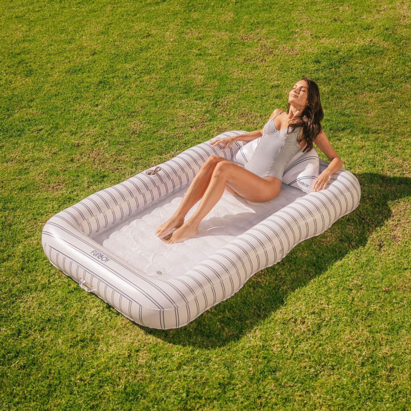 Tanning Pool Lounger: White & Navy Stripes - FUNBOY