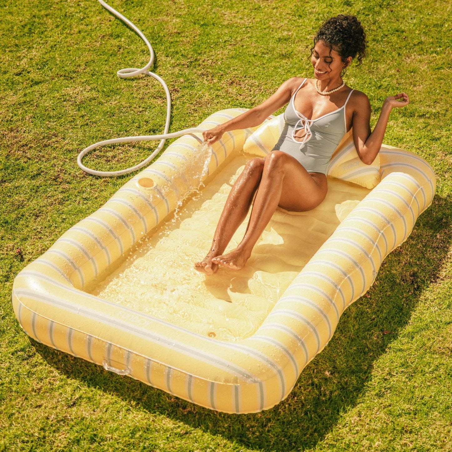 Tanning Pool Lounger: Yellow, White & Blue Stripes - FUNBOY