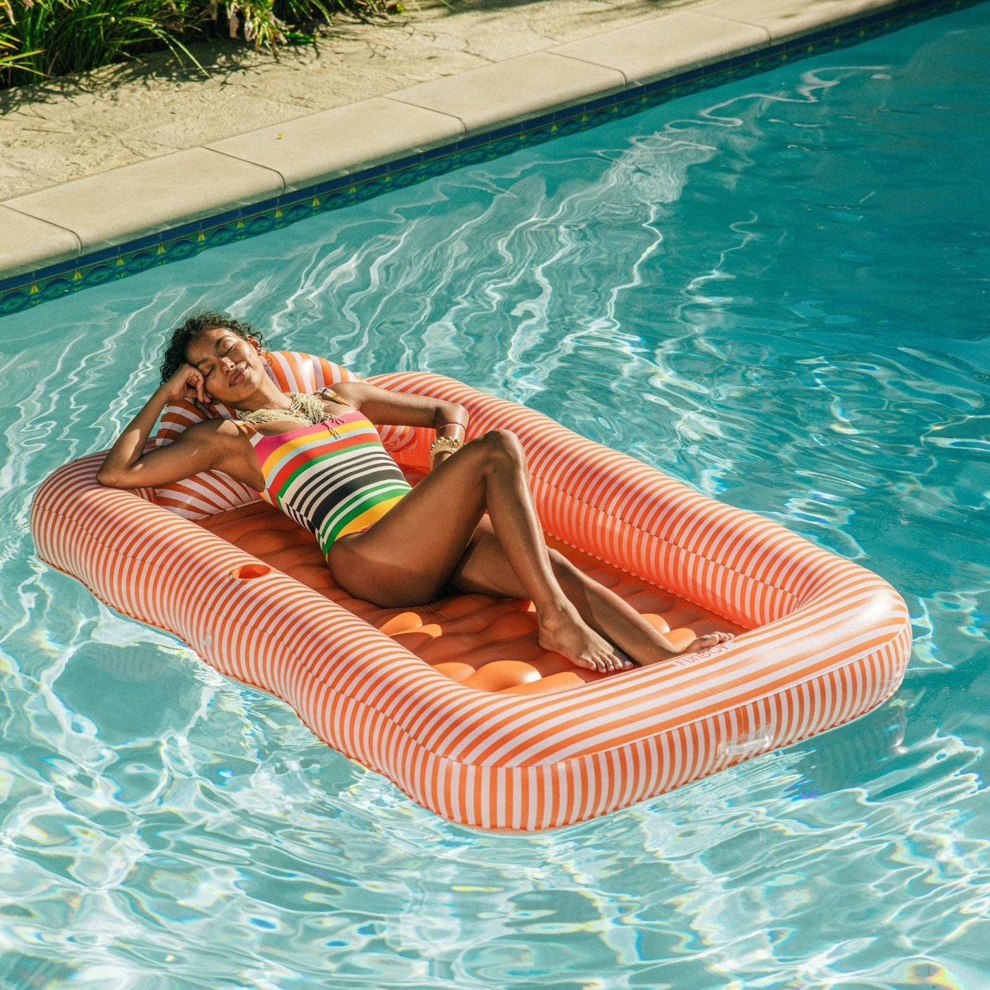 Tanning Pool Lounger: Orange White Stripes - FUNBOY