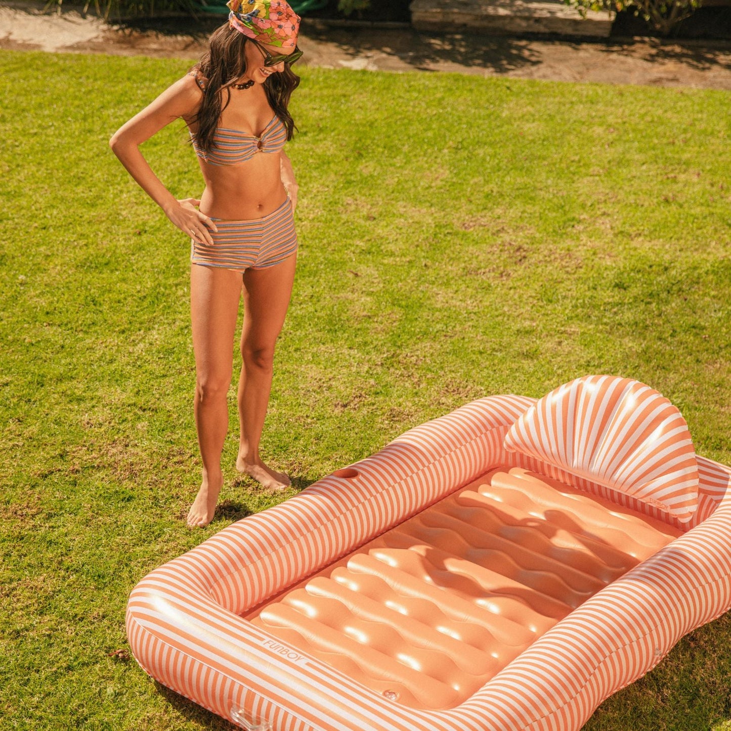Tanning Pool Lounger: Orange White Stripes - FUNBOY