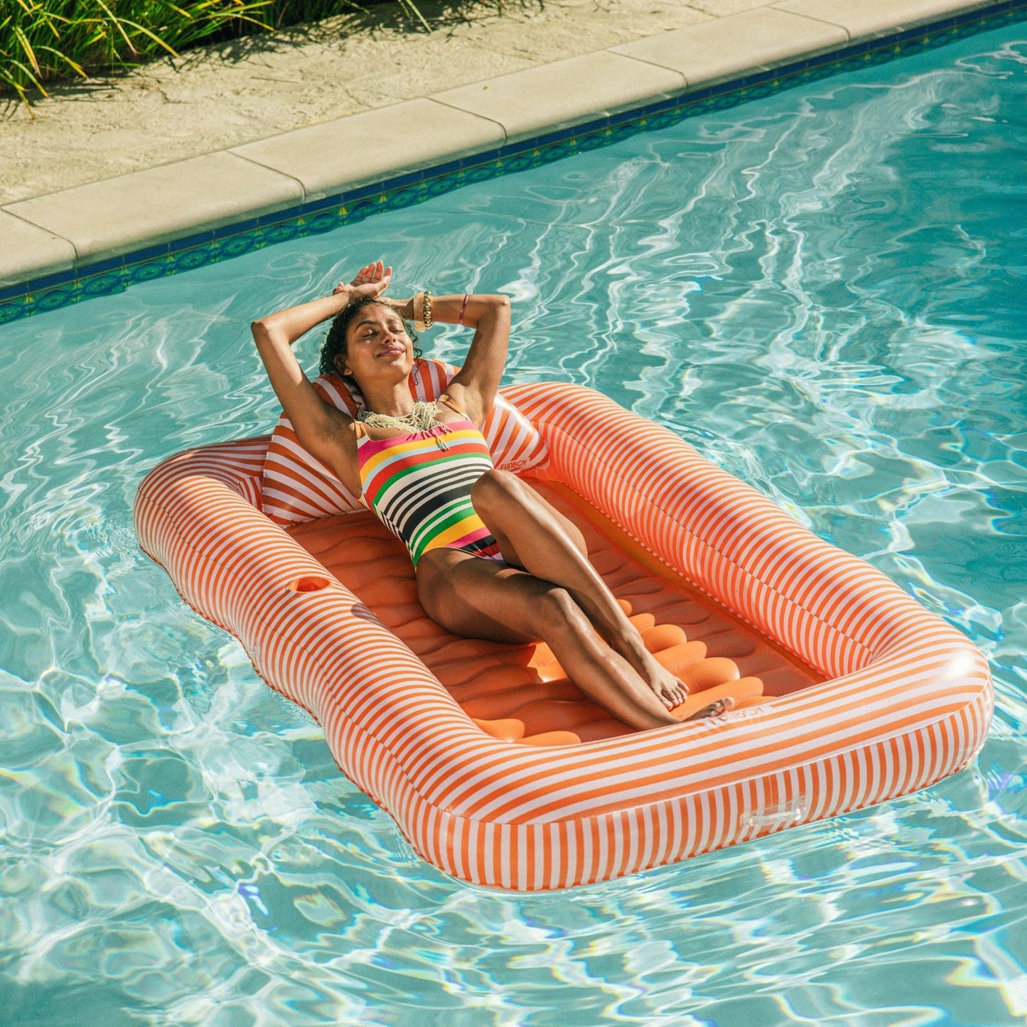 Tanning Pool Lounger: Orange White Stripes - FUNBOY