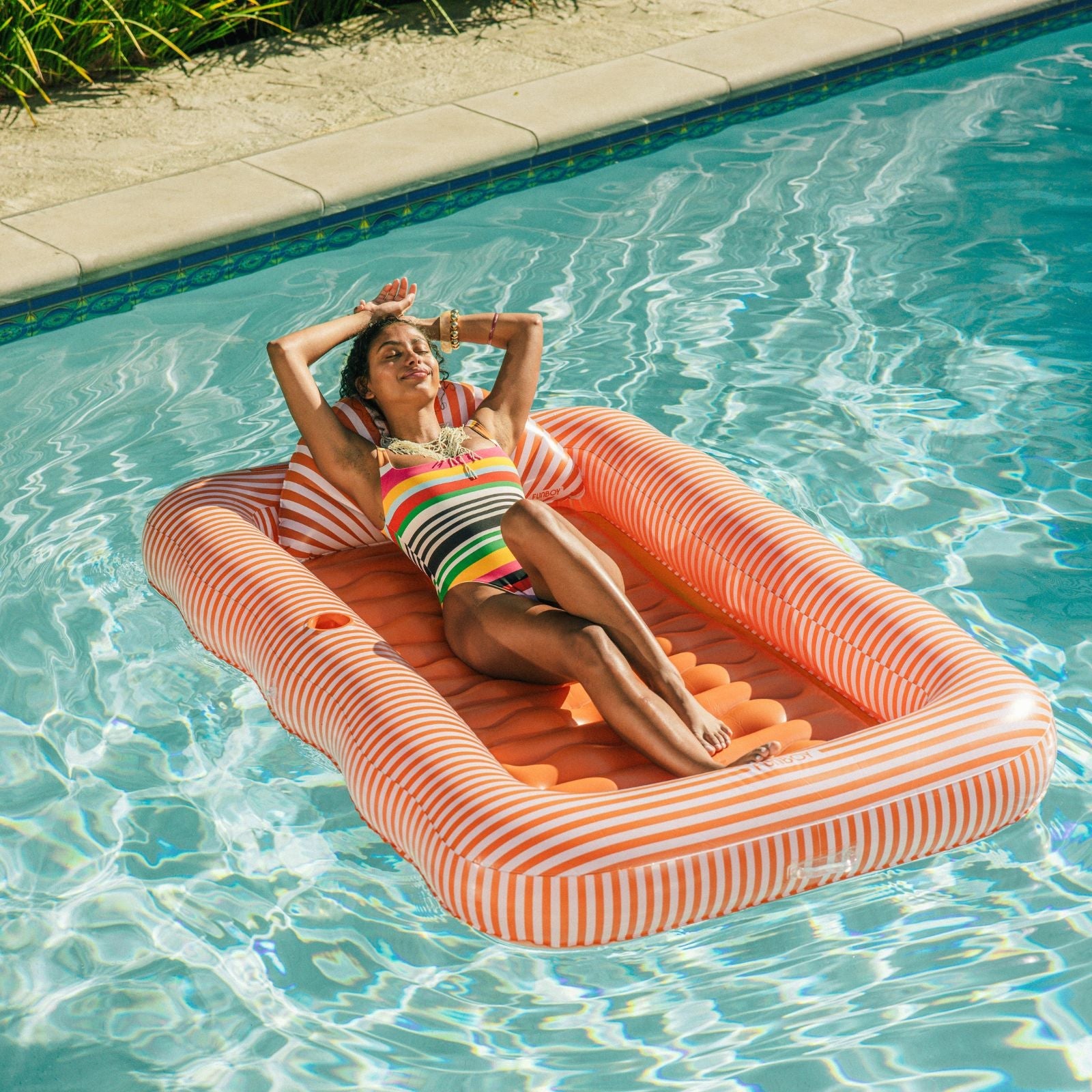 Tanning Pool Lounger: Orange White Stripes - FUNBOY