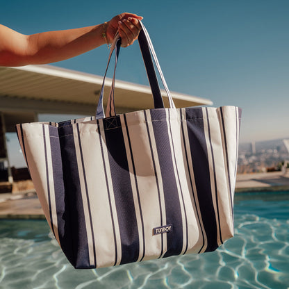 Beach Bag Tote, Navy Cabana Stripe - FUNBOY