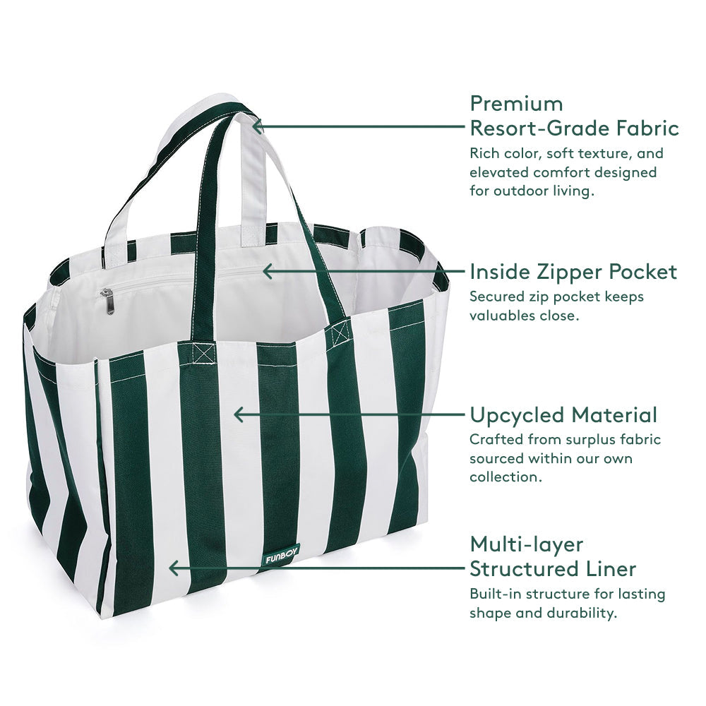Beach Bag Tote, Green Cabana Stripe - FUNBOY