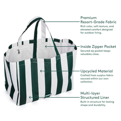 Beach Bag Tote, Green Cabana Stripe - FUNBOY