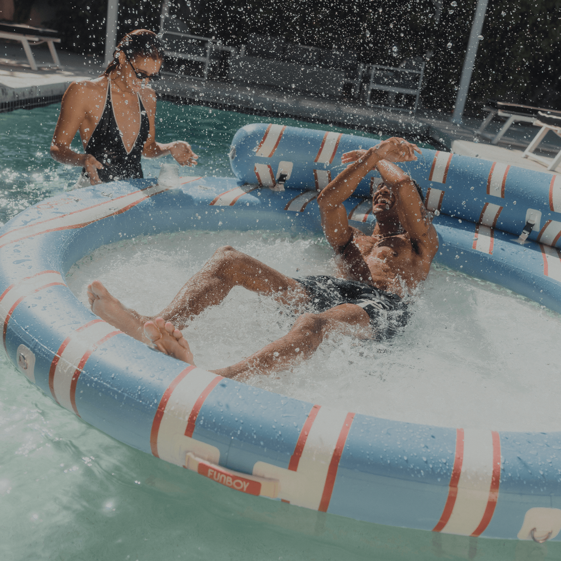 Blue & Red Floating Dock. Leisure Island - FUNBOY