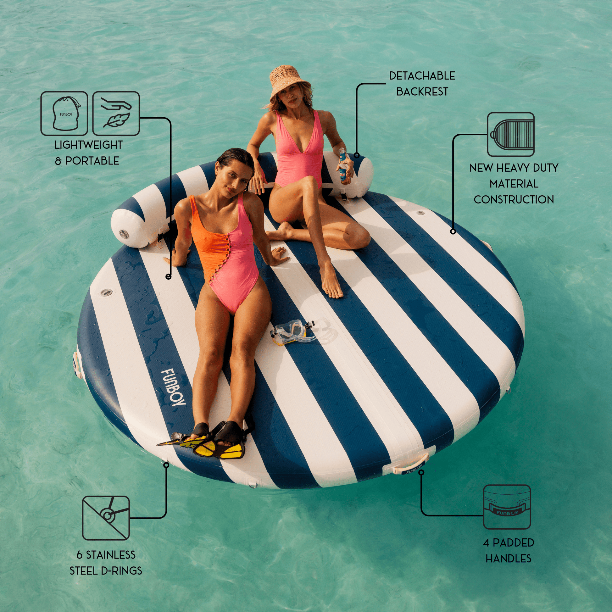 Inflatable Floating Dock: White, Navy Blue Stripes - FUNBOY