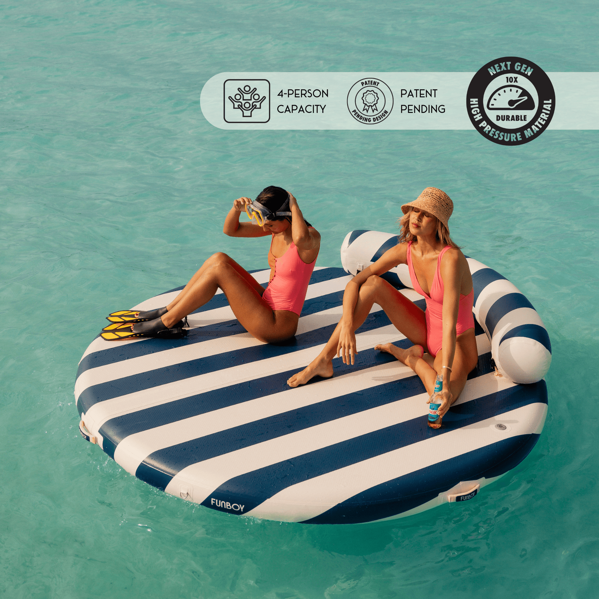Inflatable Floating Dock: White, Navy Blue Stripes - FUNBOY
