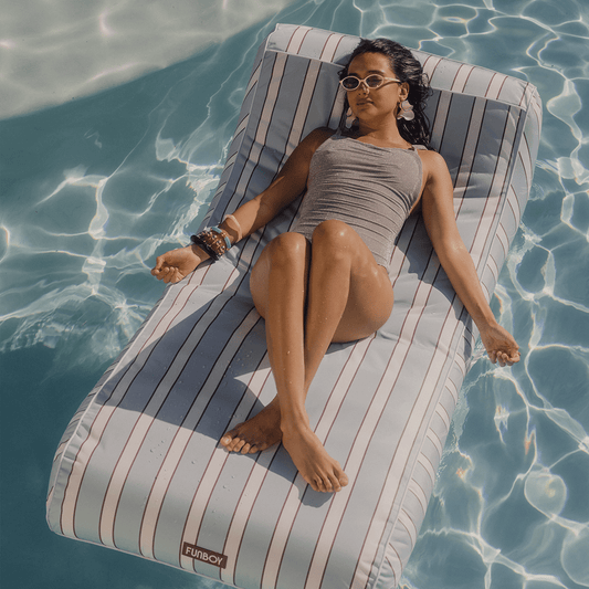 Fabric Covered Pool Float - Blue, White & red Cabana Sunbed Lounger - FUNBOY