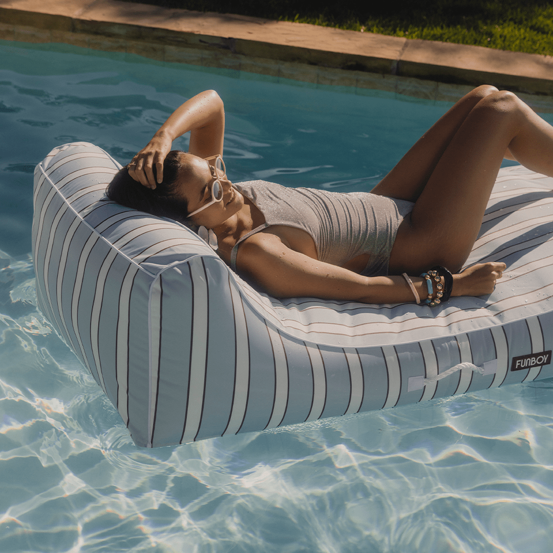 Fabric Covered Pool Float - Blue, White & red Cabana Sunbed Lounger - FUNBOY