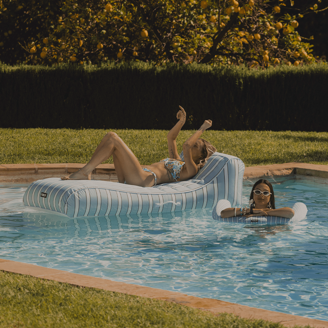 Fabric Covered Pool Float - Blue, White & red Cabana Sunbed Lounger - FUNBOY