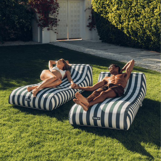 Fabric Covered Sunbed Lounger Pool Float. Green Striped 2 Pack - FUNBOY