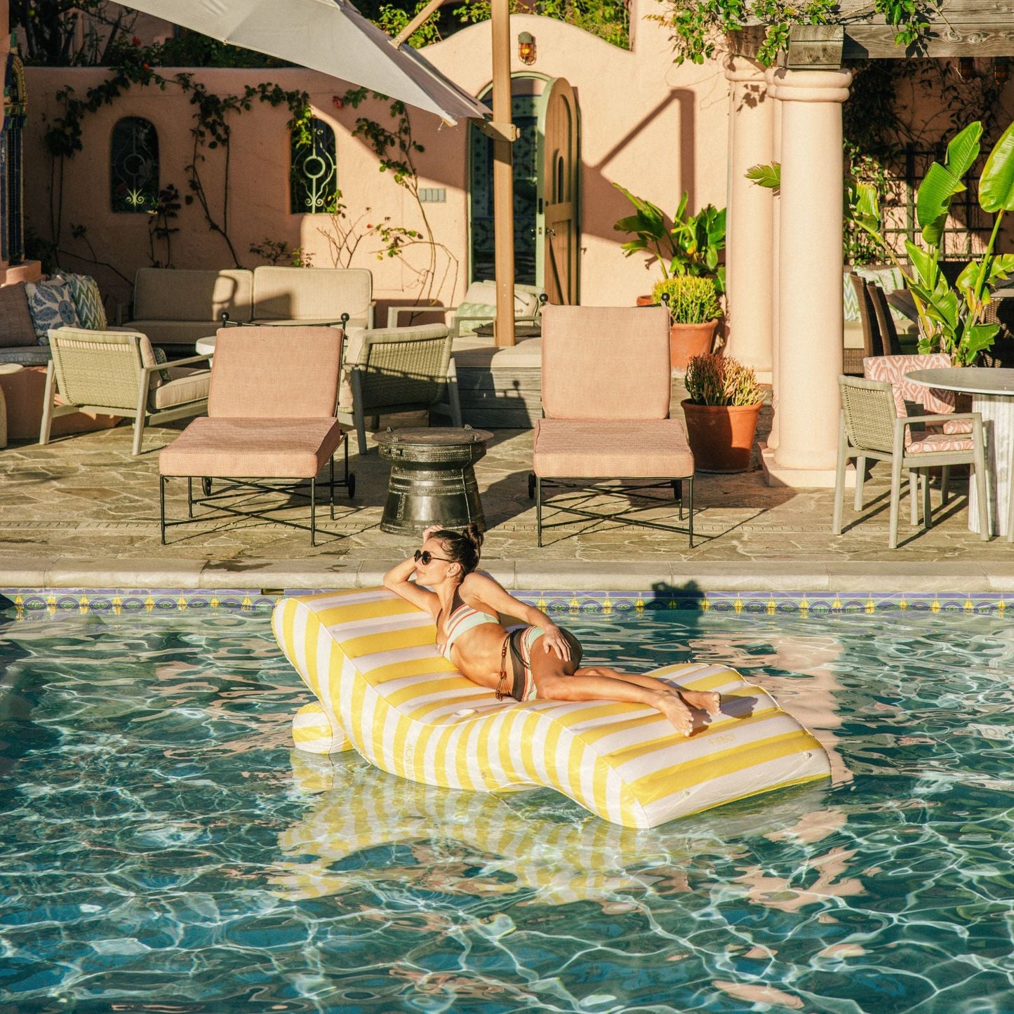 Yellow Striped Chaise Lounger Pool Float - FUNBOY