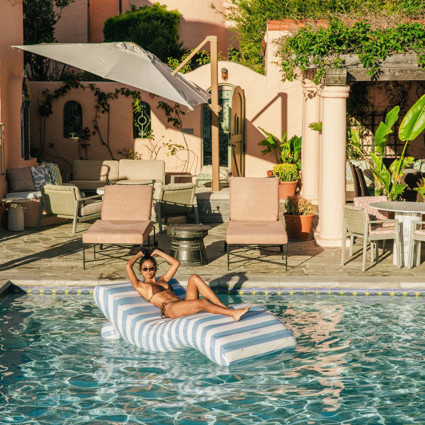 Blue Striped Chaise Lounger Pool Float - FUNBOY