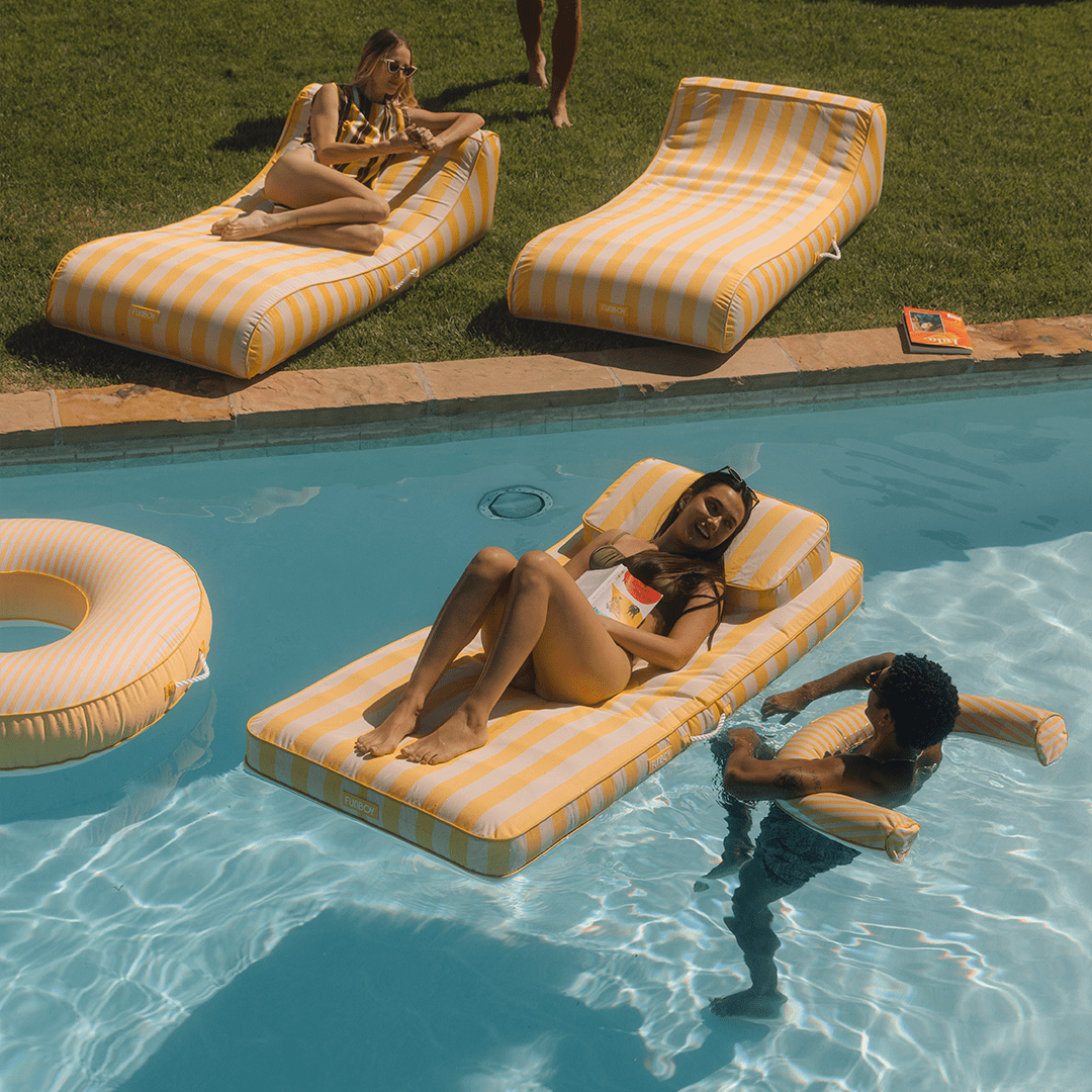 Fabric Classic Mat Lounger Pool Float - Yellow Cabana Stripe - FUNBOY