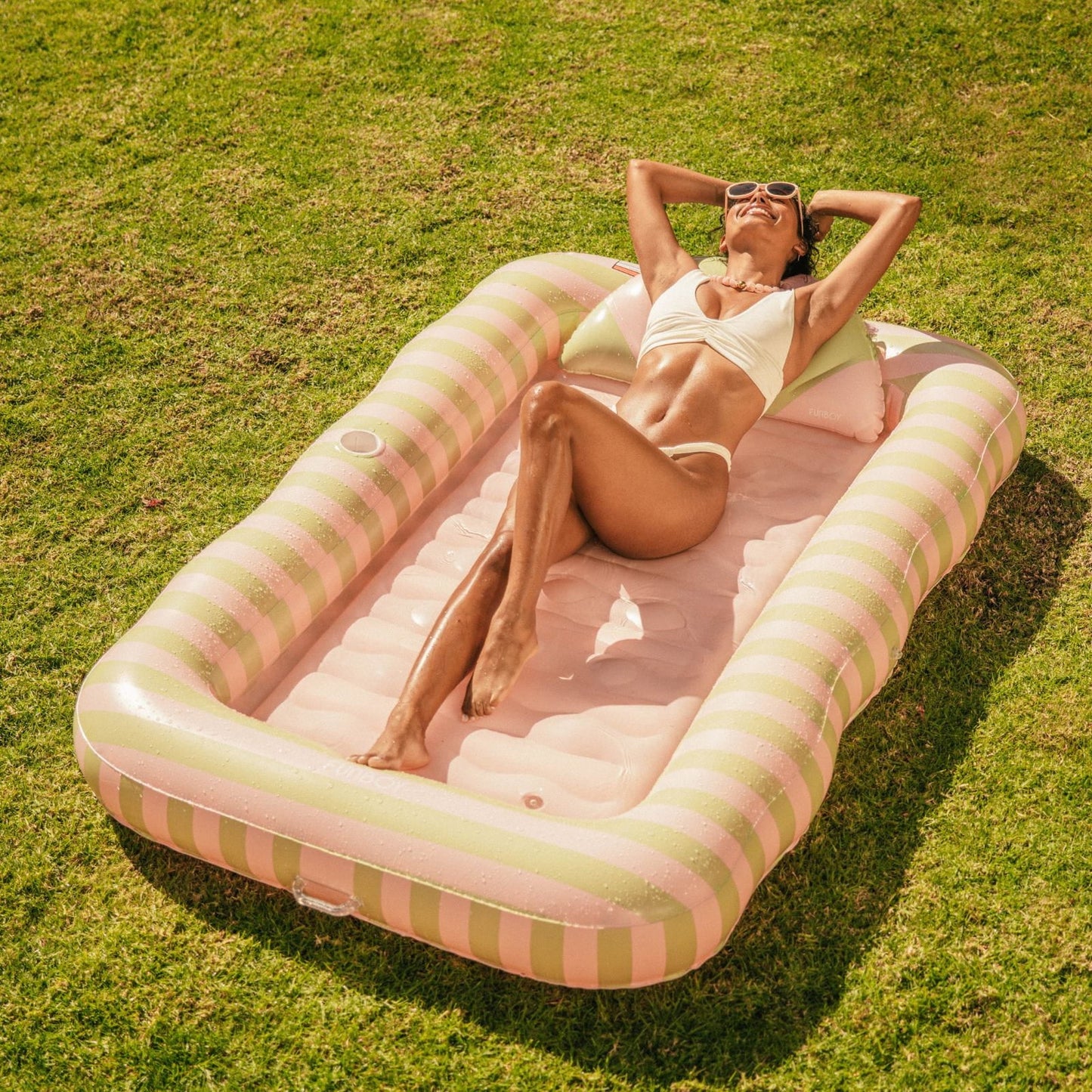 Tanning Pool Lounger: Coral & Blue Stripes - FUNBOY
